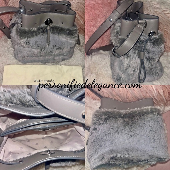 NEW Kate Spade Marti Gray Faux Fur Leather Small Bucket Satchel Handbag - Picture 5 of 16